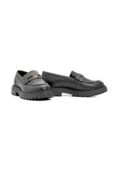 Women's black leather moccasins with logo BUTYD-1197-99(Z25), diagonal product view on a white background.
