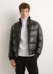 Men's dark brown leather jacket with a stand-up collar (model KURMS-0428-1I(Z26)); front view on a model, showing half of the figure.