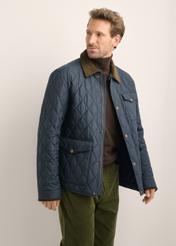 Men's navy blue quilted jacket KURMT-0427-7E(Z26), front product view on model. Half silhouette visible.