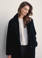 Women's faux fur coat with belt FUTDP-0002A-99(Z25), front view of the product on the model, half of the silhouette visible.