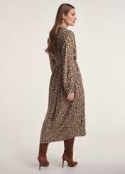 Dark beige long women's dress with spots SUKDT-0247-24(Z25), product view from the back on the model. The whole silhouette is visible.