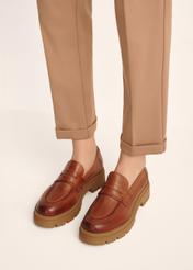 Women's leather moccasins in cognac color BUTYD-1187-1F(Z26), front view of the product on the model's feet.