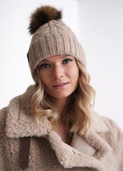 Beige women's cap with pompom CZADT-0044-81(Z23)-01