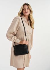 Black leather women's messenger bag TORES-1102A-99(Z25), front view of the product on the model. Half of the silhouette visible.