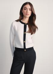 Women's white cardigan KARDT-0053-12(Z25), front view of the product on the model. Half of the silhouette visible.