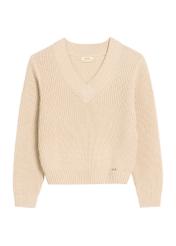 Beige women's V-neck sweater SWEDT-0162-80(Z25), product view from the front on a white background.
