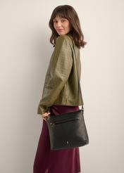 Women's black handbag made of genuine pea leather TORES-1425-9I(Z26), front view of the product on a model. Half of the silhouette visible.