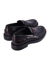 Men's dark brown leather moccasins BUTYM-0588-1I(Z26), product view from the back on a white background.