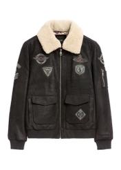 Black leather bomber jacket KURMS-0423-99(Z26), front product view on white background.