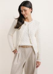 Cream cotton women's cardigan KARDT-0067-0B(Z26), front view on a model. Half-body shot.