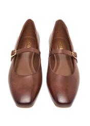 Leather brown ballet flats with strap BUTYD-1145-1H(Z26), front product view on white background.