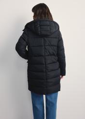 Women's black winter jacket KURDT-0600-99(Z25) - back view of the product on a model against a white background. Knee-length silhouette visible.
