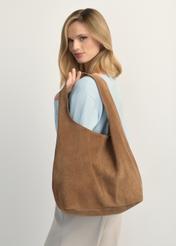 Beige suede women's shopper bag TORES-1177-1B(W26), product view on model's shoulder. Half of silhouette visible.