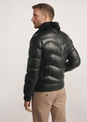 Black men's leather jacket with insulation KURMS-0377-1127(Z25), product view from the back on the model, half of the silhouette visible.