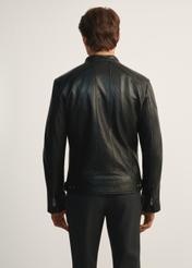 Men's black leather jacket with stand-up collar KURMS-0315-5427(Z25), product view from the back on a white background.