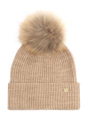 Beige women's hat with pompom CZADT-0052A-81(Z25), front product view on white background.