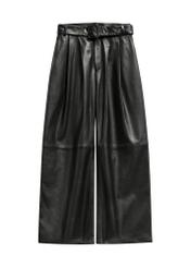 Wide black leather women's trousers SPODS-0050-99(Z26), product view from the front on a white background.