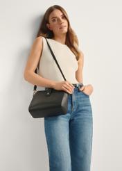 Black leather shoulder bag TORES-1275-9I(W26), front view of the product on a model, half of the silhouette visible.