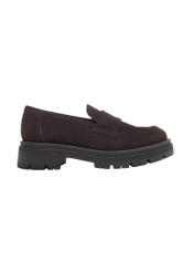 Dark brown suede women's moccasins BUTYD-1187-1I(Z26), side product view on white background.