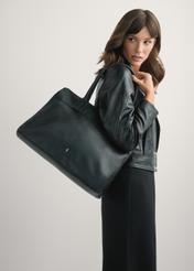 Large black leather shopper bag TORES-1237-99(W26), product view on model's shoulder. Half of silhouette visible.