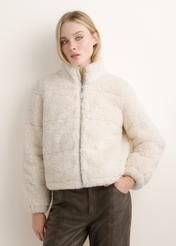 Cream-colored short women's fur coat FUTDP-0092-0B(Z26), front view on a model. Half-body shot.