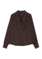 Brown women's shirt with a tie detail KOSDT-0198-1I(Z26), front view of the product on a white background.
