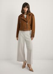 Cognac leather biker jacket KURDS-0610-1F(W26), front view of the product on the model. Full body visible.