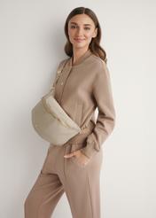 Beige large women's waist bag TOREN-0345-1A(W26) - front view of the product, against a light background. Knee-length silhouette visible.