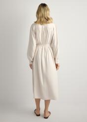 Light beige women's midi dress SUKDT-0269-1A(W26), back view of the product on the model. Half of the silhouette visible.