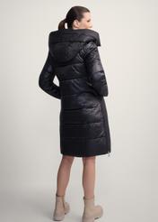 Women's black winter jacket with hood KURDT-0478-99(Z25), product view from the back on the model. Full body visible.