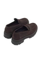 Dark brown suede women's moccasins BUTYD-1187-1I(Z26), product view from above on white background.