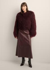 Burgundy short natural fur coat FUTDF-0104-4D(Z26), front view of the product on the model. Full body visible.