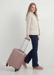 Small suitcase on wheels WALAB-0081-5X-19(W26), front view of the product next to the model's silhouette.