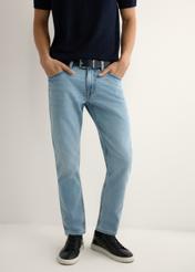Men's blue jeans JEAMT-0021-7B(W26), front view of the product on the model. Half of the silhouette visible.