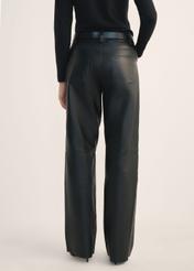 Women's black wide-leg leather trousers SPODS-0038-99(Z26), rear view of the product on the model. Half of the silhouette visible.