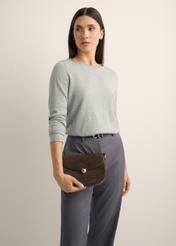 Brown suede small women's handbag TORES-1405-1I(Z26), front view of the product on a model, half of the silhouette visible.