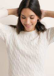 Cream cotton women's sweater SWEDT-0269-0B(Z26), front view on a model. Half-body shot.