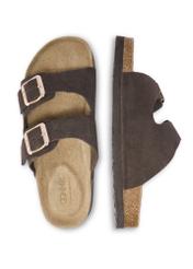 Women's dark brown leather flip-flops BUTYD-1158-1I(W26) - product view from above, on a white background.