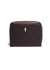 Small brown women's wallet with monogram POREC-0349A-1I(Z26), front product view on white background.