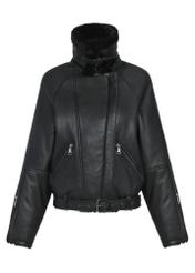 Black insulated women's leather sheepskin coat KOZDS-0078-3174(Z24)-06