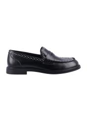 Women's leather moccasins in black BUTYD-1326-9F(Z26), side view of the product on a white background.