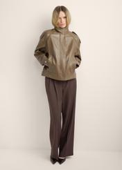 Brown oversized women's leather jacket KURDS-0648-9B(Z26), front view of the product on the model. Full body visible.