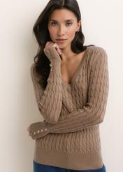 Women's camel sweater SWEDT-0212A-1D(Z26), front view of the product on the model. Half of the silhouette visible.