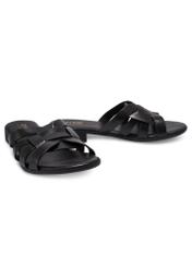 Women's leather flip-flops in black BUTYD-1266-99(W26), diagonal product view on a white background.
