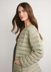 Women's olive green jacket with natural insulation KURDT-0636-8E(W26) - side view of the product, on a model, against a light background. Half-length silhouette visible.