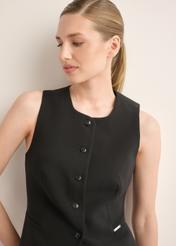 Elegant black women's vest KAMDT-0040-99(Z26), front view of the product on the model. Half of the silhouette visible.