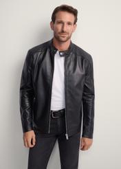 Men's leather jacket with stand-up collar KURMS-0298-1040(KS), front product view on model. Half silhouette visible.