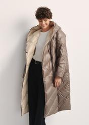 Long olive women's winter jacket KURDT-0542A-57(Z25), front view of the product on the model, part of the silhouette visible.