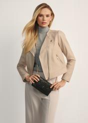 Small black leather women's handbag TORES-1043-99(Z25), front view of the product on a model, half of the silhouette visible.