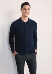 Navy blue men's cardigan KARMT-0004-68(Z25), front product view on the model. Half of the silhouette visible.